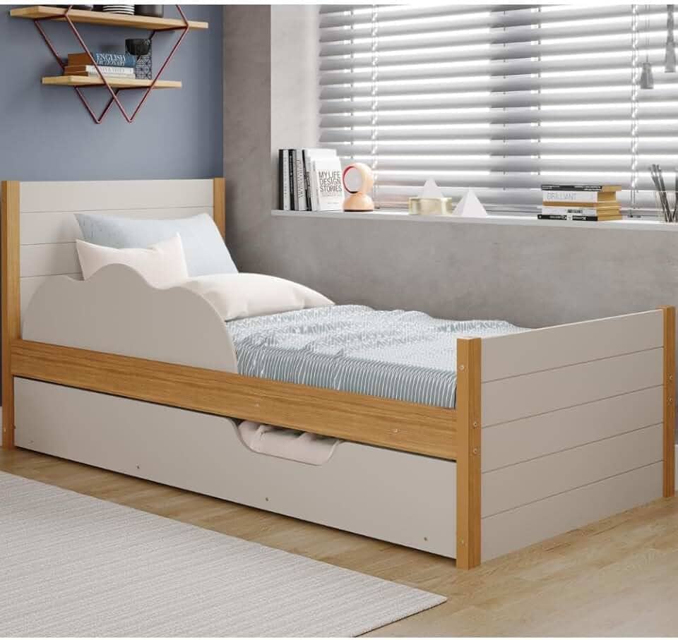 Bicama Infantil Solteiro 100% Mdf Bibox Cama Auxiliar Com Rodizio Uli Nature/off White
