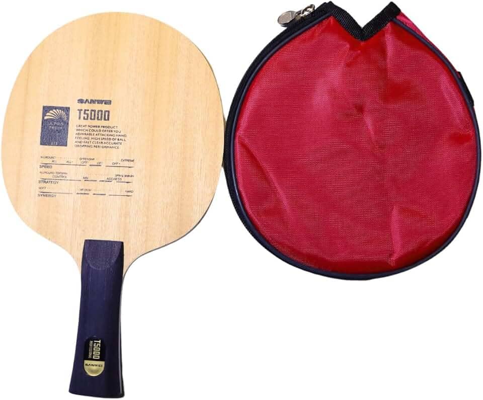 Raquete T5000, 5 Folhas de Madeira e 2 de Carbono, com Capa Protetora Vermelha Tênis de Mesa
