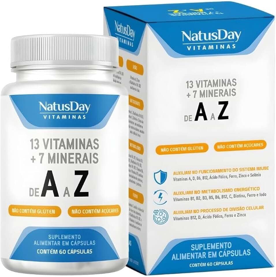Polivitamínico de A a Z 60 Cápsulas Natusday - Auxilia no metabolismo, antioxidante, Ossos e dentes e Visão