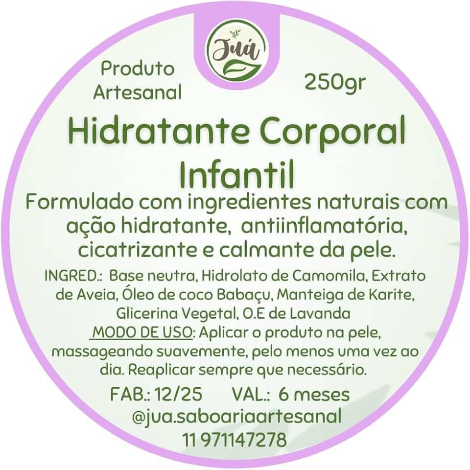 Alergias Dermatite Eczema e pele sensível? Hidratante Infantil Natural com Camomila, Lavanda e Aveia, Livre de Parabenos (250 gramas)