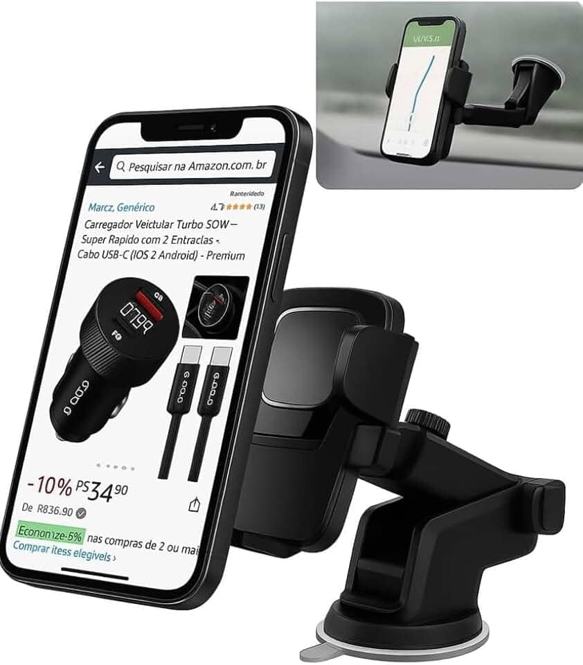 Suporte Veicular para Celular – Ventosa Ultra Forte, Rotação 360° e Antivibração, Ideal para GPS, Waze e Motoristas de App
