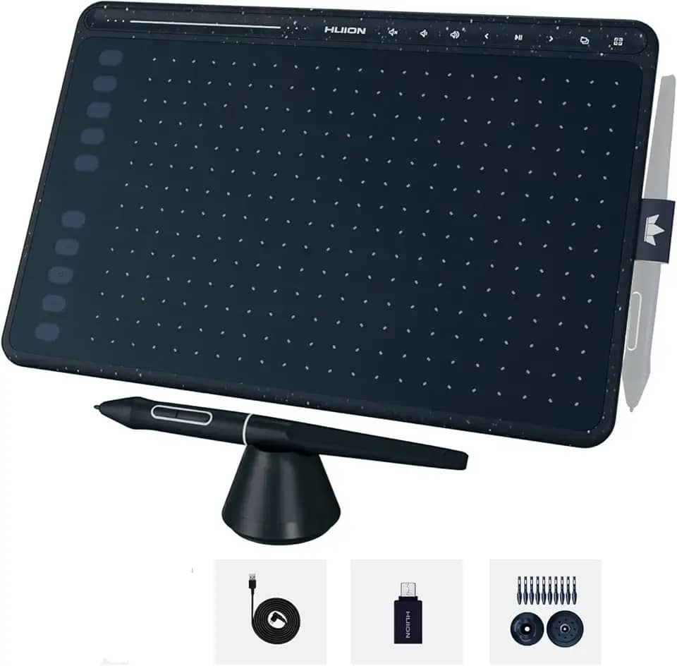 Mesa digitalizadora HUION HS611 Tablet gráfico com 10 teclas de atalho, 8 teclas multimídia Stylus sem bateria 8192 caneta pressão inclinação digital arte tablet para pintura, design esboço iniciante
