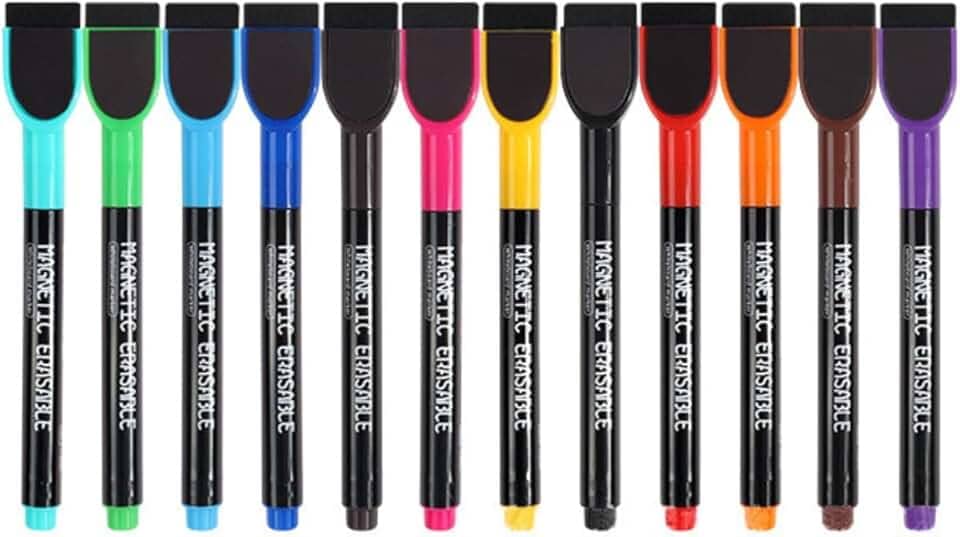 Kit 12 Canetas Magnéticas Quadro Branco Lousa Porta Recado Geladeira C/Apagador Ponta Fina Colorida