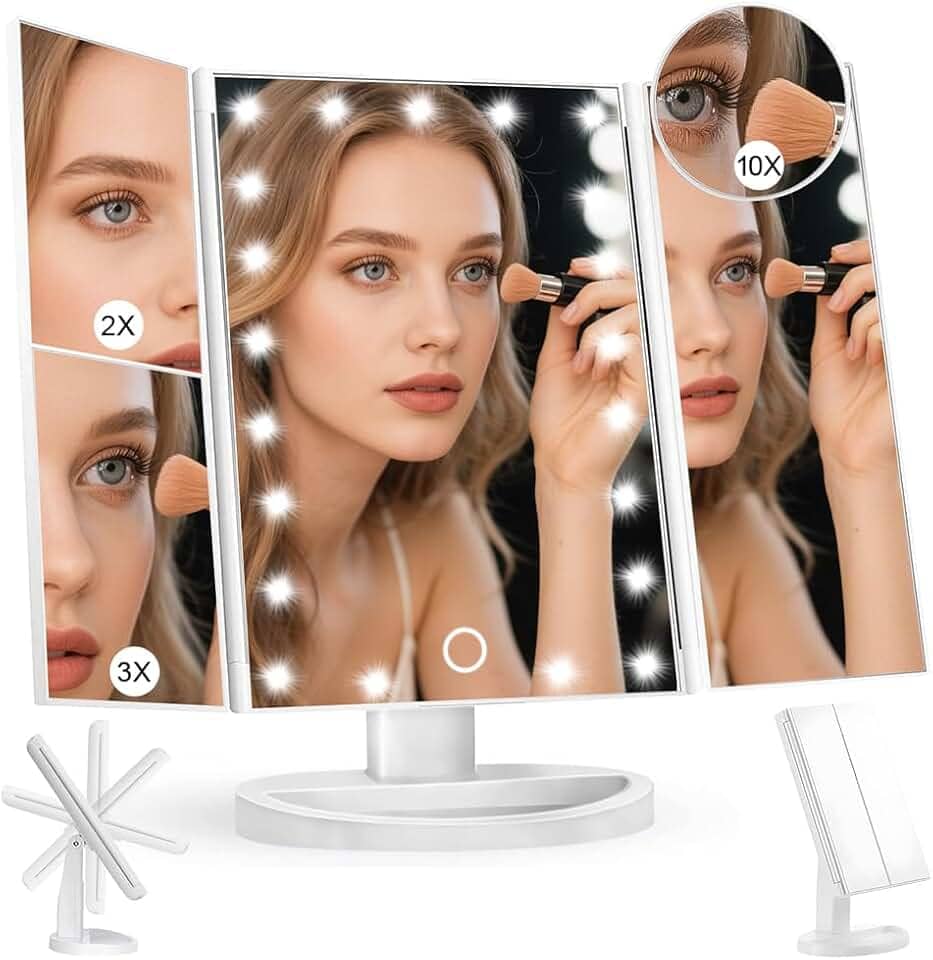 Espelho Maquiagem de Triplo Dobrável, Espelho com Led, Espelhos para Penteadeira, Espelhos de Mesa com Ampliação de 2x, 3x e 10x, Com Tela Sensível ao Toque