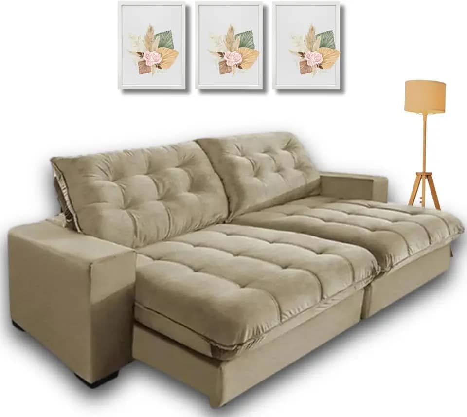 Sofá Retrátil e Reclinável, 2,10m com Molas Ensacadas. (Bege)