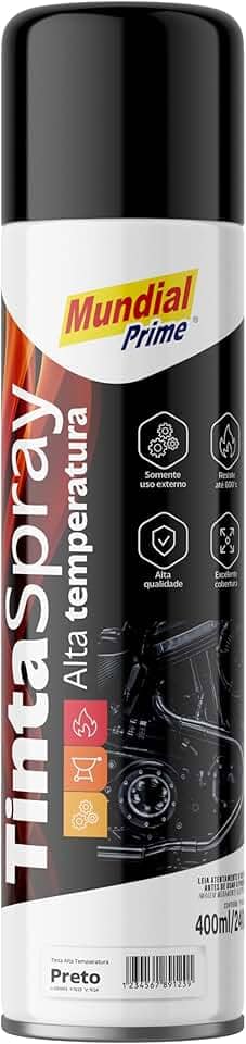 Tinta Spray Alta Temperatura 400ml, MUNDIAL PRIME, Preto Fosco, AE01000100