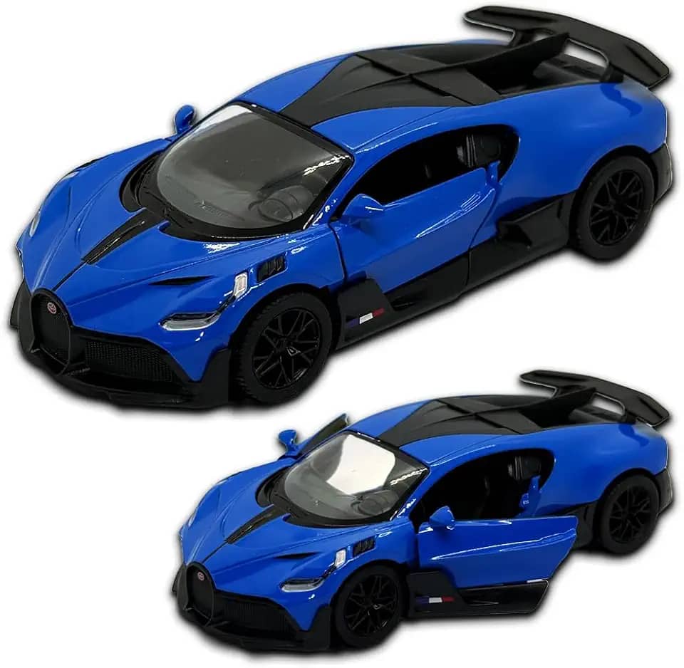Miniatura de carro Bugatti Divo, Carrinho de ferro, abertura de portas, com fricção, 12,4 CM, Em metal, 1/36, Pneus em borracha, Kinsmart (Azul)