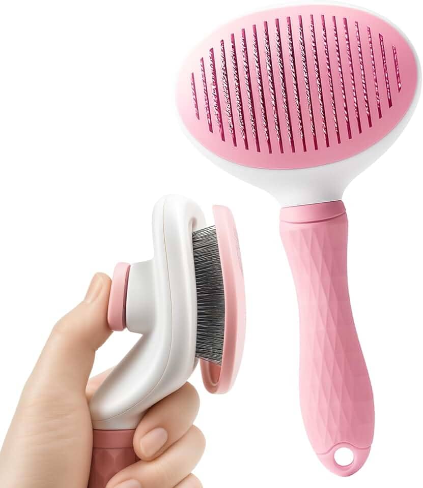 Escova Autolimpante Rasqueadeira Tira Pelos para Gatos e Cães de Pelo Longo – Removedora de Pelos com Botão de Limpeza, Cerdas Encapadas Seguras e Cabo Ergonômico Antiderrapante (Rosa)