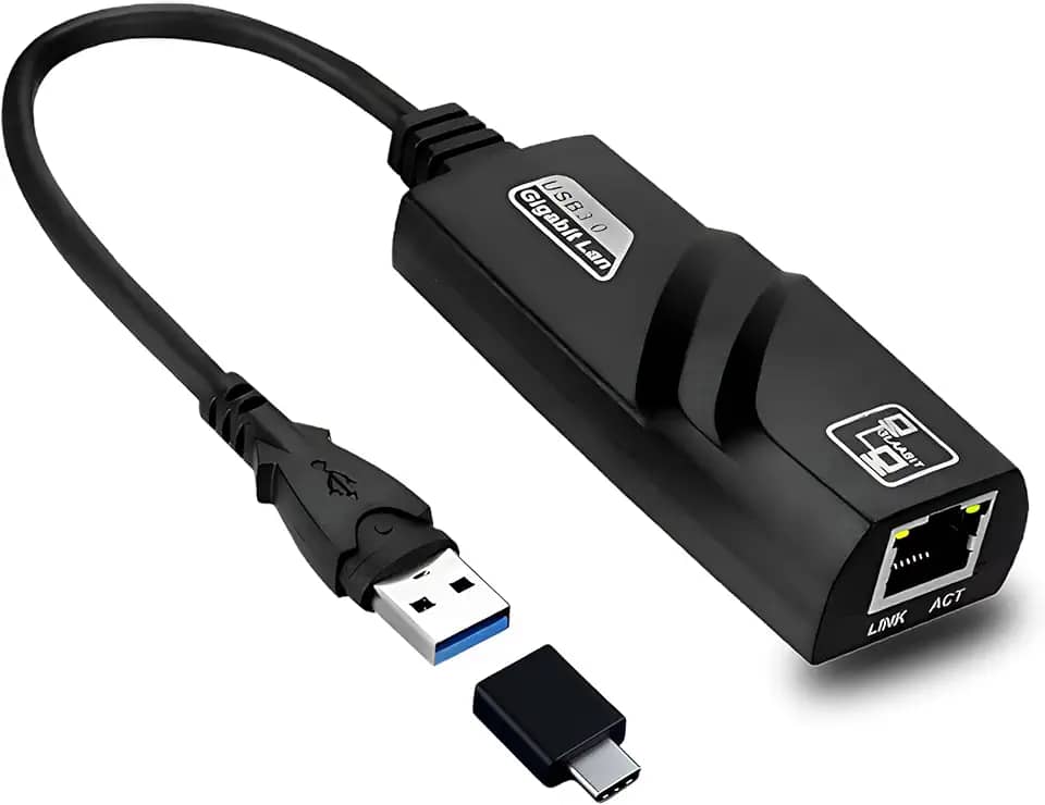 Adaptador de Rede USB 3.0 para RJ45 Gigabit 1000 Mbps com Chip Integrado – Placa de Rede Externa Plug & Play para Windows, Mac, Linux, Notebook e PC + Adaptador USB-C Incluso