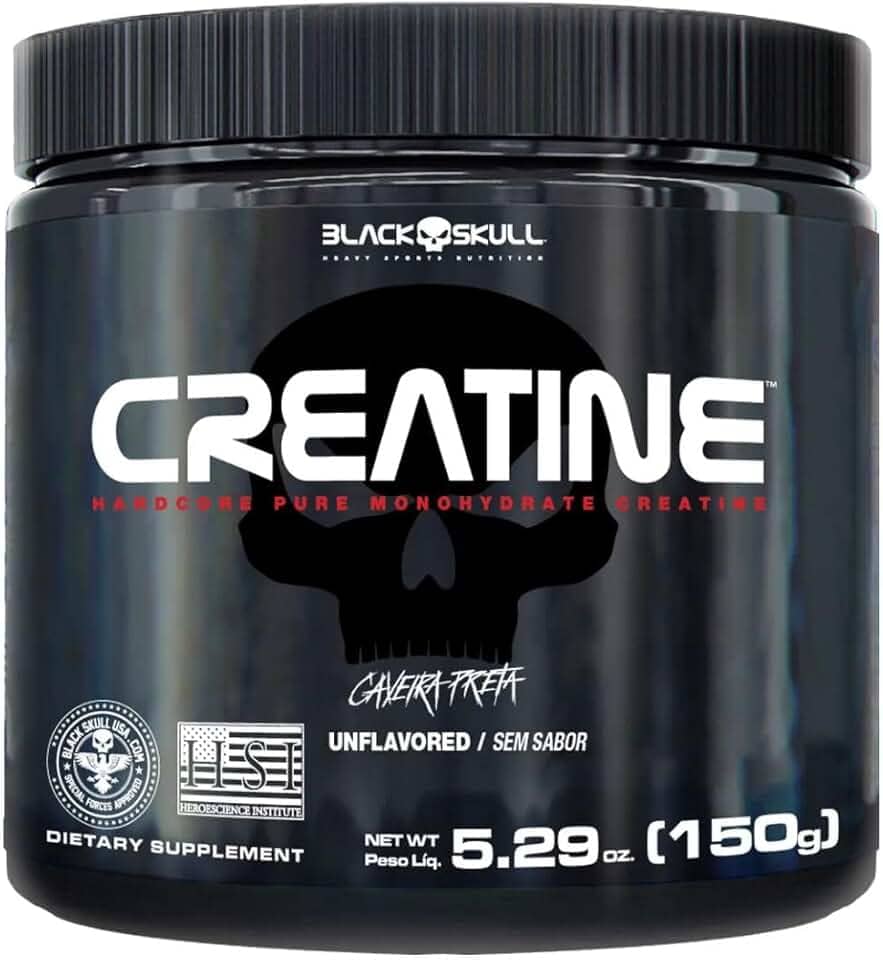 Black Skull Creatine Monohydrate - Suplementação para Treino, Performance, Ganho Muscular, Hipertrofia, Força e Resistência - Sem Sabor - Pote 150g