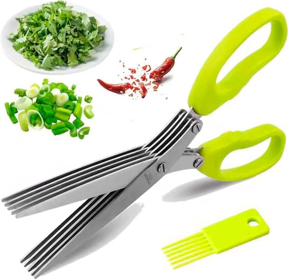 Tesoura De Cozinha 5 Laminas Inox Para Picotar Picar Alimentos, Legumes, Salsa, Cebolinha, Cheiro verde Cortador de ervas, Talos, Carne, Bacon, Queijos, Frango Multifuncional Para uso culinário