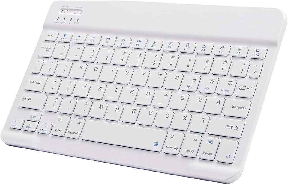 SilentKeys Pro™ Mini Teclado Bluetooth 10” Ultrafino – Sem Fio, Portátil, Silencioso e Recarregável p/Tablets, Smartphones, Notbooks, PCs, Smart TVs (branco)