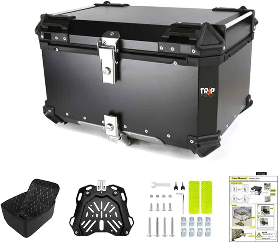 Baú Traseiro Moto Alumínio 65 Litros Suporte Universal Impermeável Reforçado Seguro Bagageiro Universal Top Case Grande Comporta 2 Capacetes Grande Capacidade (Preto)