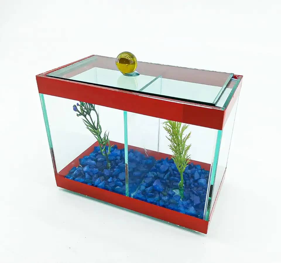 Aquário Beteira Dupla Decorado 17x9x13 1,9L 2 Peixes Betas (Vermelho)