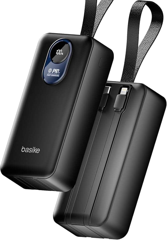 Basike Power Bank 30000mAh, Carregador Portátil com Carregamento Rápido, USB-A (até 22,5W, QC) + USB-C (até 20W, PD) + 2 Cabos Integrados (USB-C e Lightning), LED Numeric Power Display – Preto