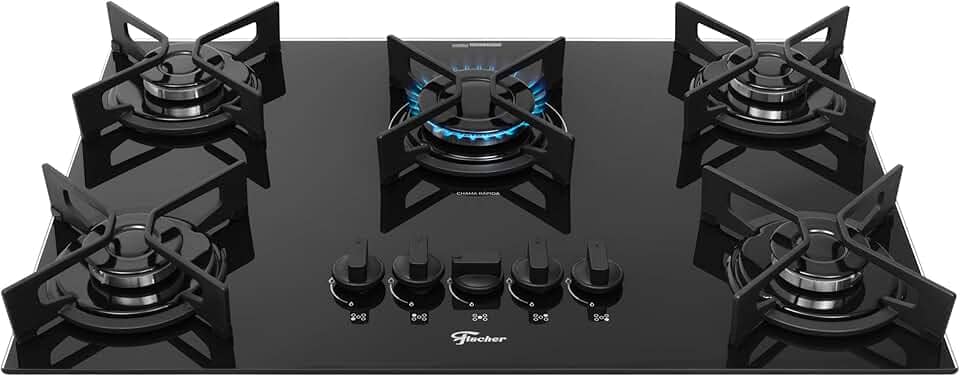 FISCHER COOKTOP À GÁS 5 BOCAS FIT LINE TREMPE IRON MESA VIDRO PRETO BIVOLT 36325-102672