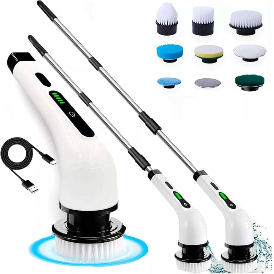 Esfregão Elétrico Giratório 9 em 1 Escova Rotativa MOP para Limpeza Sem Fio Multiuso Portátil Recarregável com Cabo Ajustável Limpa Banheiro Chão Cozinha Azulejo Piso