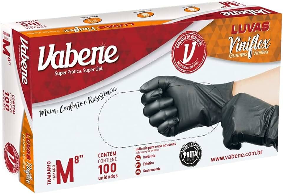 Luva Sem Pó Viniflex Preta Descartavel Caixa com 100 Unidades (M)