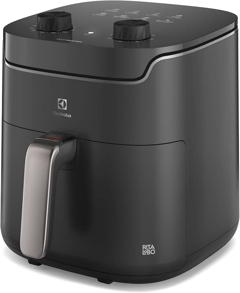 Electrolux Air fryer Fritadeira Elétrica sem oleo Rita Lobo 5,8L 8 receitas pré-sugeridas timer 60 minutos desligamento automático cesto removivel dupla camada antiaderente 1400W EAF40 127v Cinza
