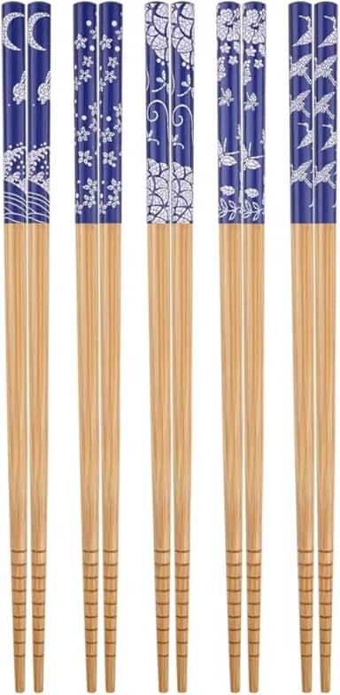 Jogo Kit de Hashi de Madeira (Palitinho Japonês) - Mosaico do Japão Azul e Branco - 5 pares