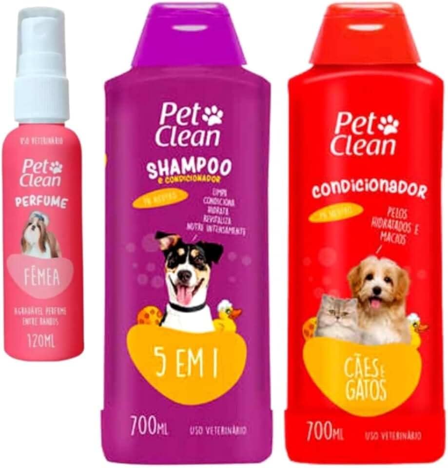 Kit Shampoo 5 em 1, Condicionador 700mL, Perfume 120mL para Cães e Gatos, Multicores, Líquido (Femea) Pet Clean
