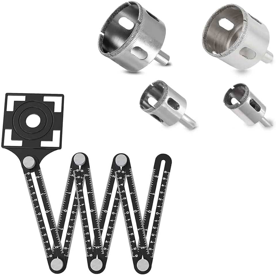 Gabarito Régua Marcador Esquadro Furo Piso Cerâmica Porcelanato Vidro + 4 Broca Serra Copo Diamantada Premium 50/40/32/25MM