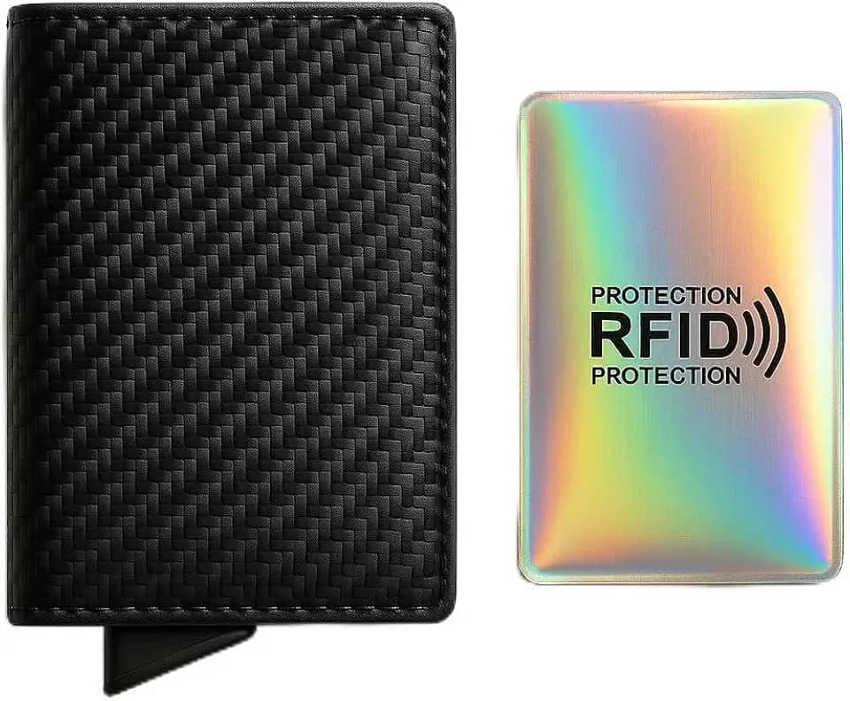 Carteira Anti Furto RFID Pop Up Slim Masculina com Bloqueio de Aproximação NFC Ejetora de Cartões Porta Notas Compacta Design Premium com Porta Cartão RFID Extra para Proteção de Dados