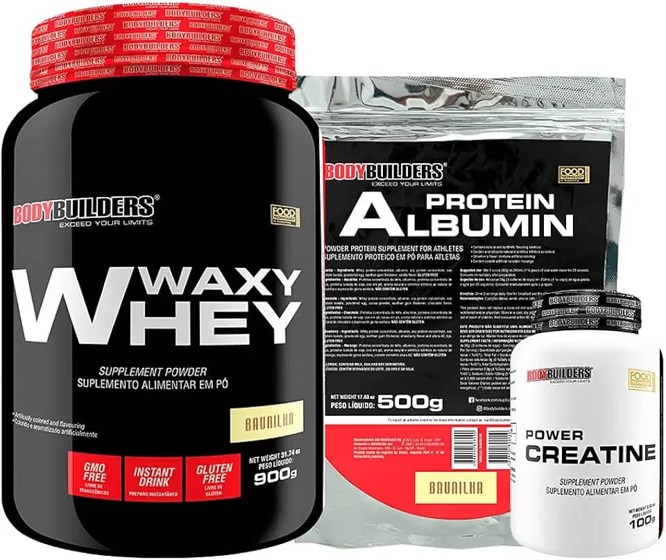 Kit Waxy Whey Baunilha 900g + Albumina Baunilha 500g + Power Creatina 100g - Bodybuilders