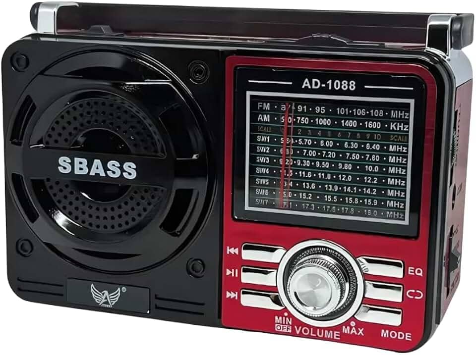 Rádio Portátil 1088 com Bluetooth Bivolt com USB Cartão SD Auxiliar P2 e Pilhas Entrada AC Recarregável AM FM SW (Vermelho)