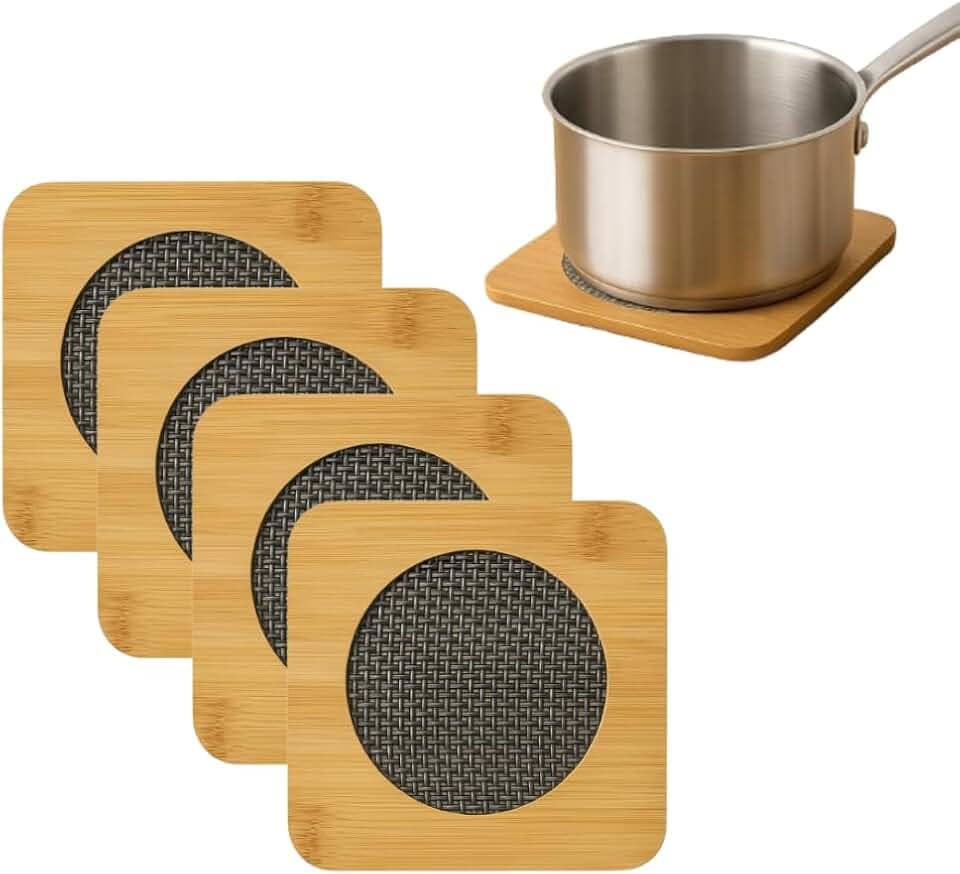 Kit 4 Descansos de Panela em Madeira Quadrado - Suportes de Bambu para Panela Quente - Proteção de Mesa - Utensílio de Cozinha Antiderrapante Resistente ao Calor - Shop100