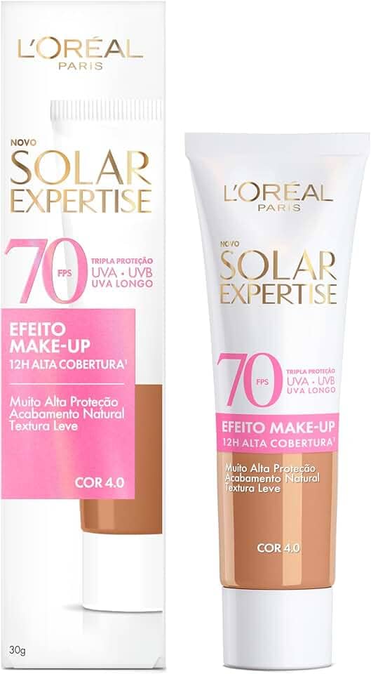 L'Oréal Paris Solar Expertise Efeito Make-Up, Protetor Solar com Cor FPS 70, Cobertura de Maquiagem por até 12h, Tripla Proteção Solar contra raios UVB, UVA, UVA Longo e Luz Visível Cor 4.0, 30g