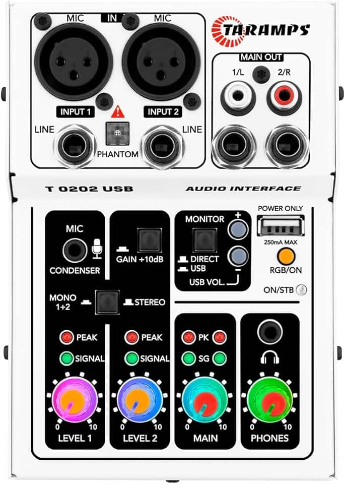 Interface de Audio Stereo USB Taramps T0202 Branca Led RGB Gamer Streaming Podcasts Live Gravação Studio Computador PC Notebook Placa De Som Alinhamento Phantom Power RCA XLR P2 P10