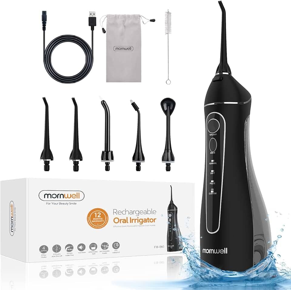 Limpador de dentes sem fio dental – Irrigador dental profissional Mornwell recarregável por USB, IPX7, impermeável, potente, vida útil da bateria, limpador de dentes de água para cuidados