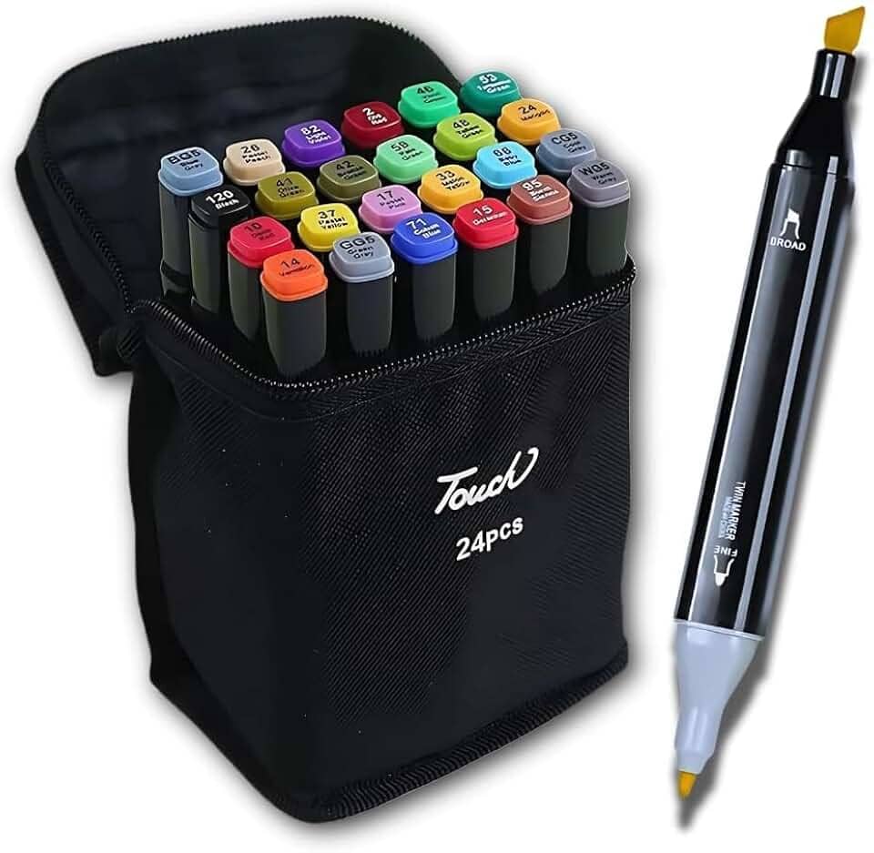 Kit de 24 Canetas Marcador Permanente Ponta Dupla Touch Coloridas para Desenho Profissional Escolar Infantil com Estojo Organizador Base Artista Canetinhas Hidrográficas Alcool Caneta para Colorir