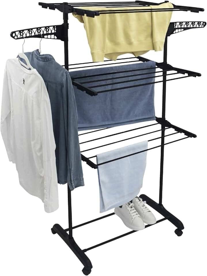 Varal De Chão 3 Andares Grande de Roupas Dobrável Regulável Retrátil com Rodinhas e Ganchos Compacto
