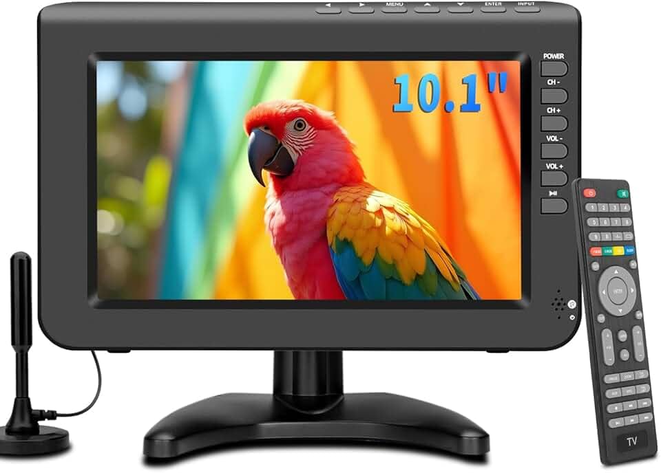 TV portátil de 10,1 polegadas, tela pequena de 720p com antena e sintonizador digital ATSC, porta USB HDMI, cabo carregador de 12 volts/alimentação CA para caravana e cozinha