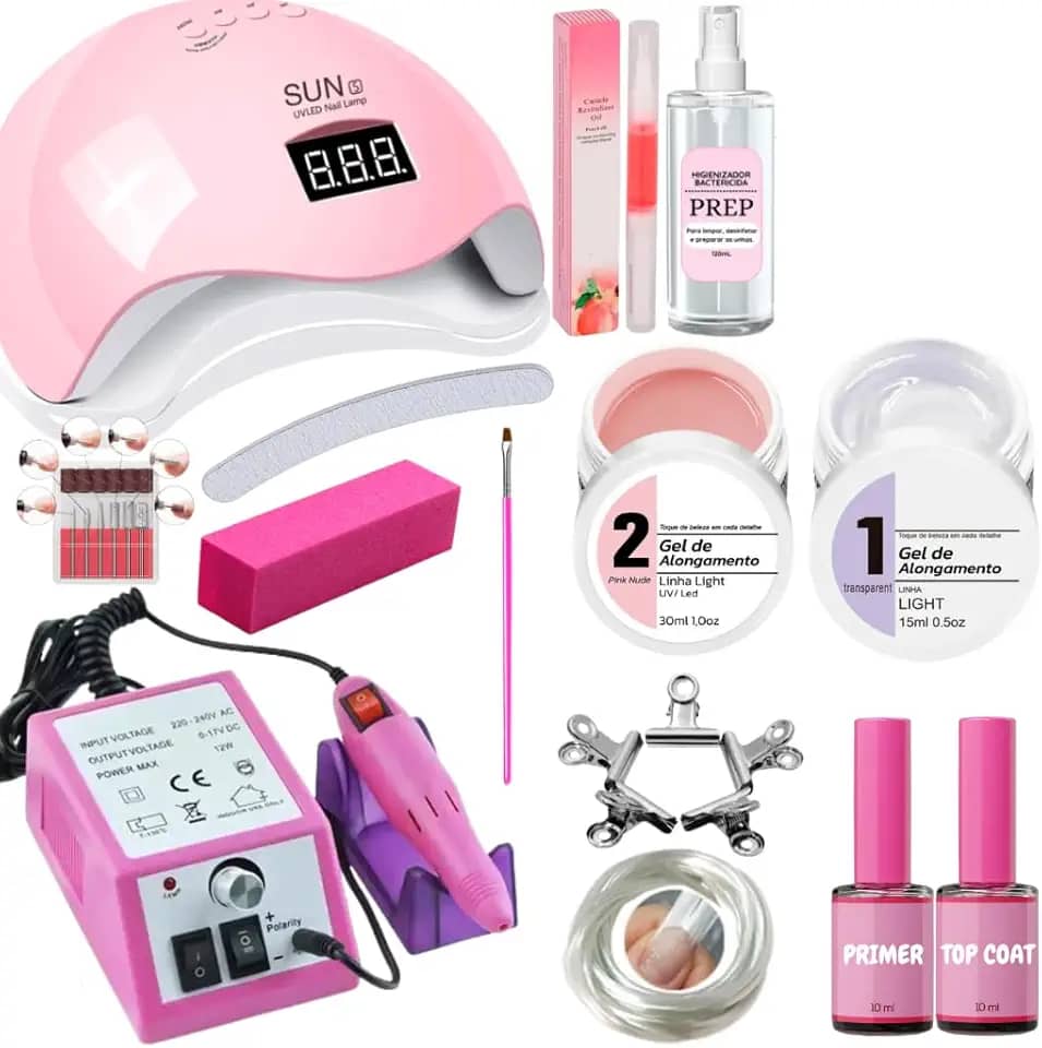 Kit Unhas Gel Acrigel Lixadeira Eletrica Motor Mercedes Cabine Sun5 48wTop Coat Primer