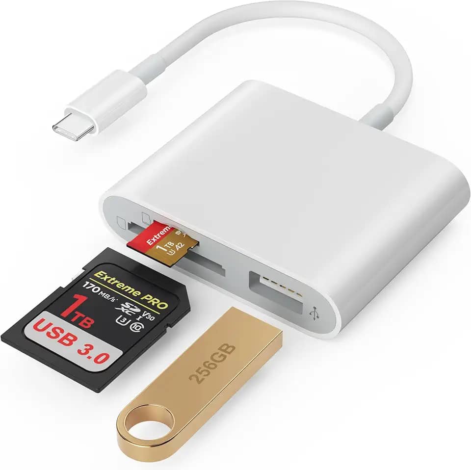 Leitor de cartão SD, USB 3.0 tipo C de alta velocidade para adaptador de cartão SD/TF para iPhone 17/16/15 Pro Max com porta SD MicroSD USB 3 para Mac/iPad/MacBook Pro/Air Android Phone Tablet (branco