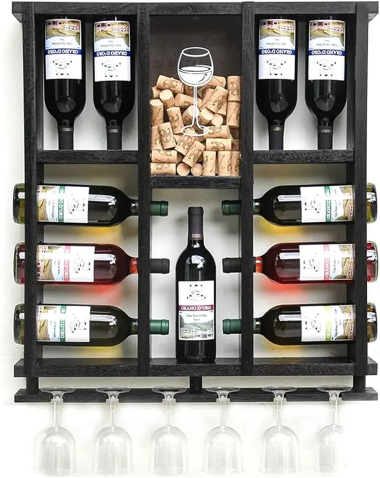 Adega de Parede em Madeira Maciça para 11 garrafas de Vinho com Porta Rolhas e Taças - Nogueira