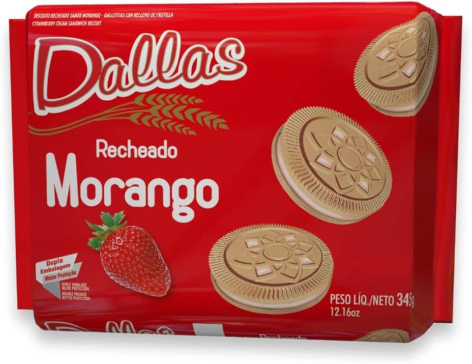 Biscoito Recheado Morango Dallas 345G, Dallas Alimentos, Biscoito Doce Recheado Sabor Morango, Vermelho, Casquinha Crocante E Recheio Cremoso, Alimento Bem Feito Para Bem Servir