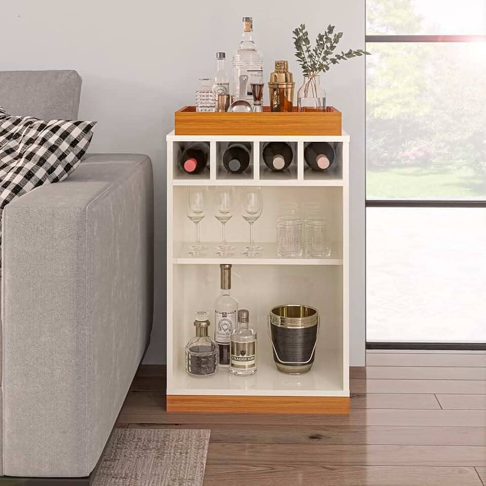 VIA NOSSA - Aparador Bar Retrô Bandeja de Mdf Adega 4 Garrafas Astúrias Cor:offwhite/cedro