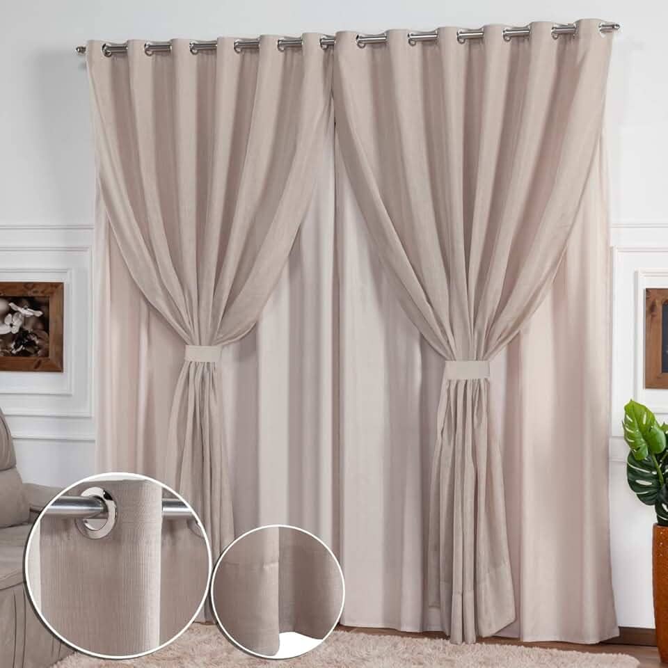 Cortina Linho Flame Voil de Gaze 2,80m x 2,50m com Forro e Abraçadeira - Palha