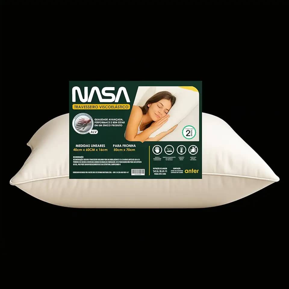 Travesseiro Viscoelástico Nasa Cervical Látex Ortopédico Viagem Ergo Prime Ergonômico Premium Fibra de Bambu Automoldável, Termossensível, Branco D40 Hipoalergênico Conforto ao Dormir 40x60x13 Anter