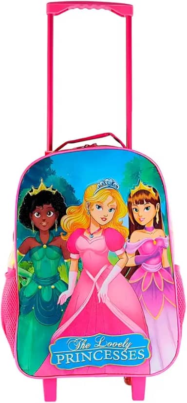 Mala de Viagem Infantil Princesas com Rodinhas, Rosa e Azul, Alça Telescópica