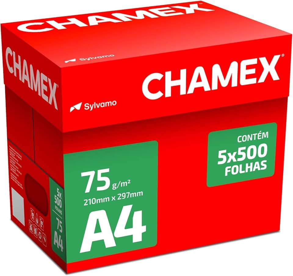 Papel Sulfite, Chamex, A4, 75 Gramas, Branco, Caixa com 5 Pacotes de 500 Folhas