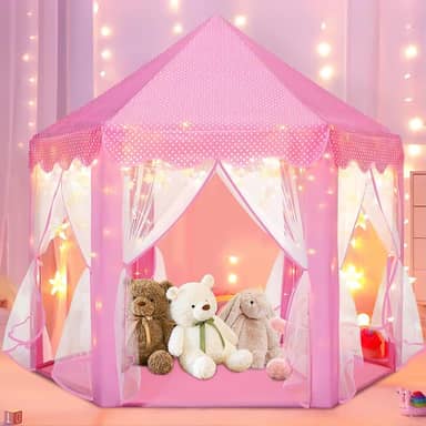 Cabana, Barraca,Tenda, Casinha Castelo Grande,Casinha Brinquedo, Barraca Rosa, Fácil de Montar, Casinha de Brinquedo, 140 * 140 * 135cm, Comporta de 3 a 4