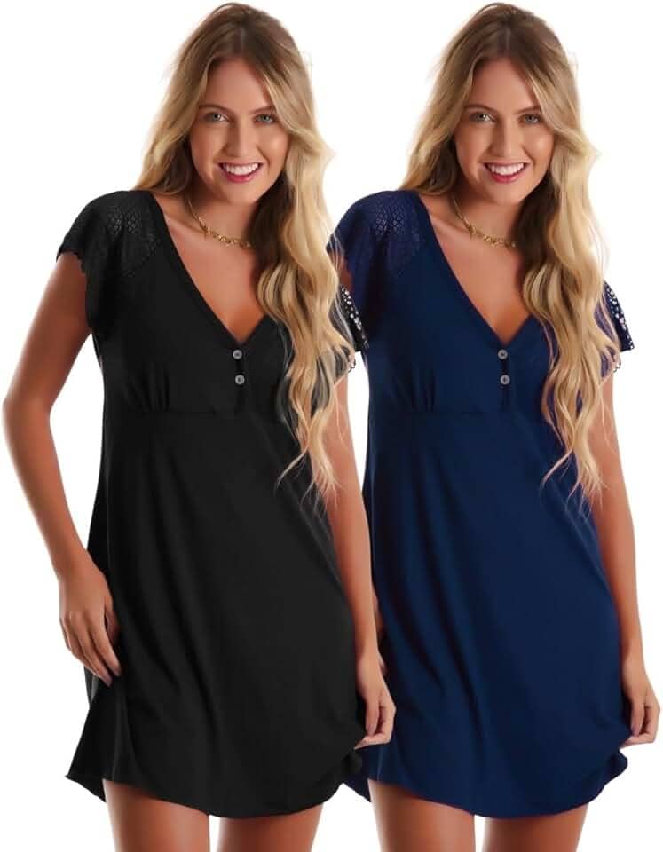 Kit com 2 Camisolas em Viscose com Detalhes Renda Estilo Camiseta Noite Dormir Amamentação Maternidade
