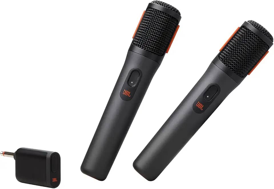 JBL Microfone sem fio PartyBox – 2 microfones digitais sem fio, bateria recarregável (20 horas - 700 mAh), voz clara, som nítido, conexão estável de 2,4 GHz, compatível com todos os alto-falantes