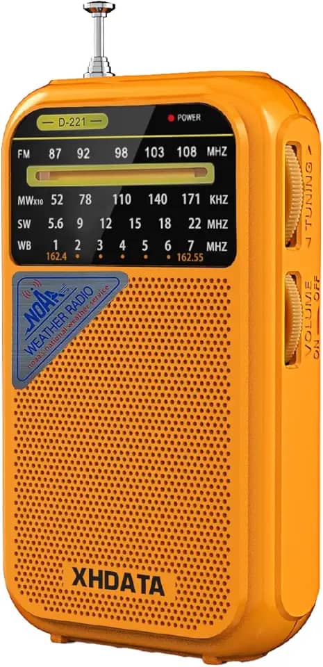 XHDATA Rádio meteorológico D221 NOAA portátil AM FM receptor de rádio de ondas curtas, 2 pilhas AA, rádio transistor com excelente recepção para emergência, furacão, presente, caminhada e casa