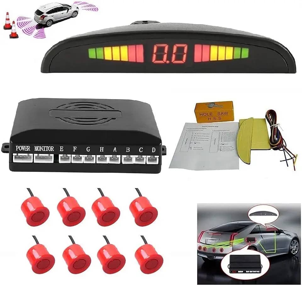 Sistema de radar de estacionamento reverso de carro 8 kit de sensores de ré com alarme frontal e traseiro lembrete de campainha LED exibição segura, sensor de estacionamento de carro, vermelho